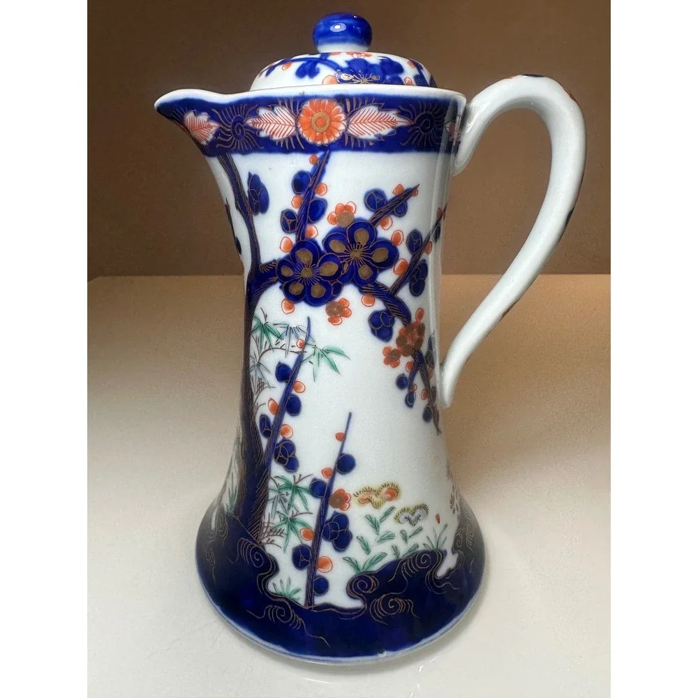 Antique Japanese Imari Porcelain Chocolate Pot Blue Orange Gold Hand Painted